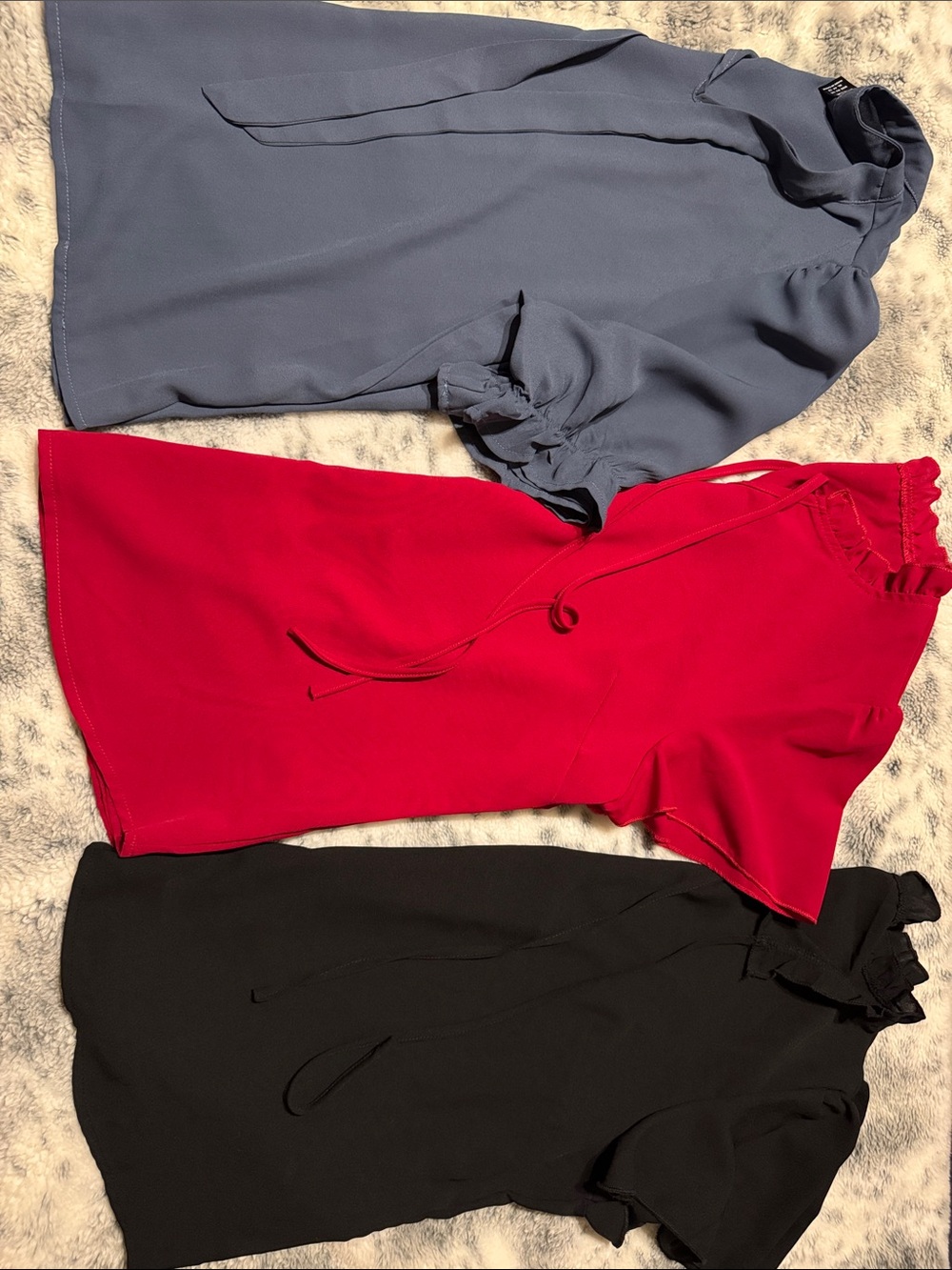Three SHEIN Blouses — Dusty Blue, Red, Black